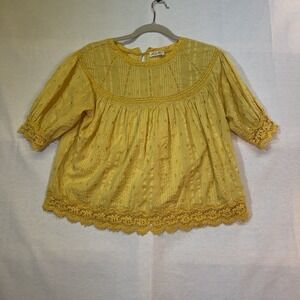 Love Shack Fancy Robin Yellow Boho Embroidered Yoked Crochet Lace Trim Blouse S